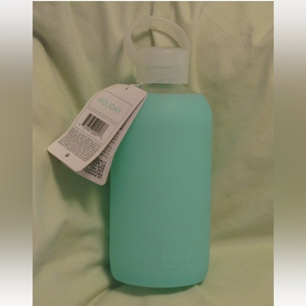 BKR Silicone & Glass Water Bottle 'Holiday' Sheer Aqua Blue 16oz NWT